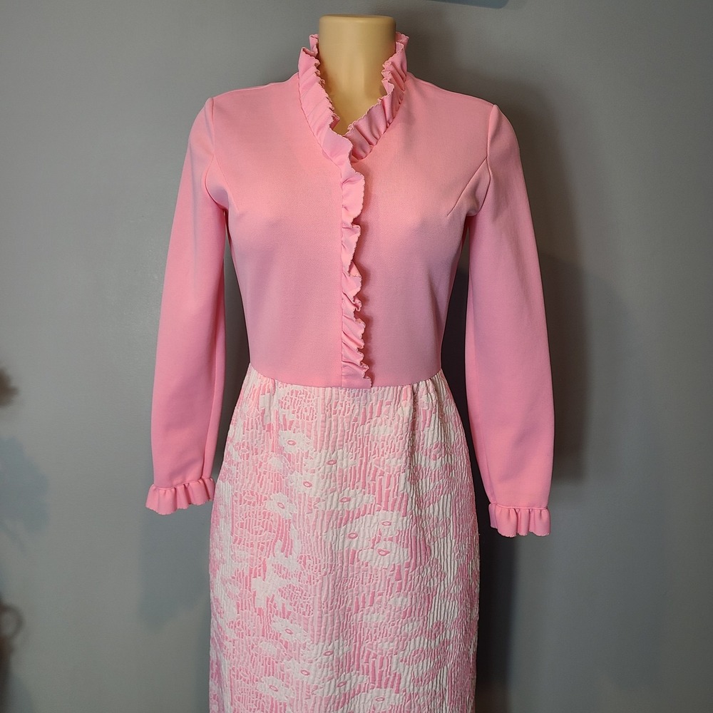 VTG Bleeker Street Dress Sz Small 60s 70s Pink Floral Ruffle Coquette Regency - Picture 2 of 12
